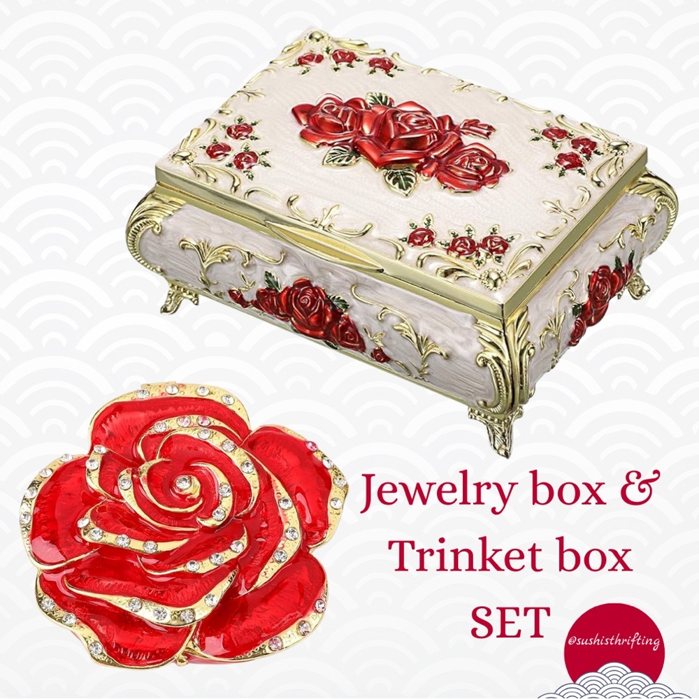 Musical Jewelry Box & Rose Trinket Set
